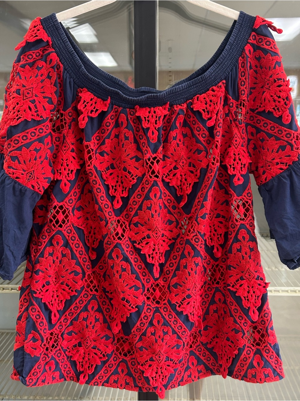 Soft Surroundings off shoulder intricate detailed boho style top